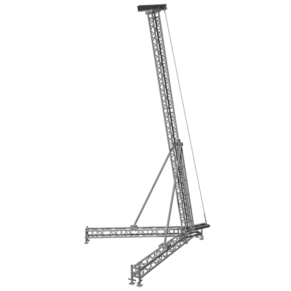 Aluminium trussing structure with vertical and diagonal support for event rigging and stage lighting applications.