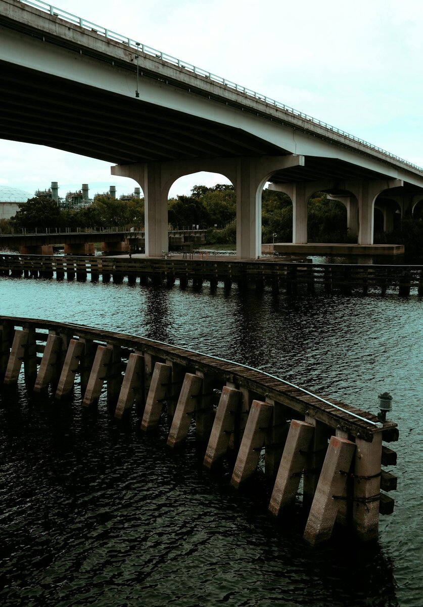 Low angle view of a modern bridge crossing a serene river with structural support in focus.