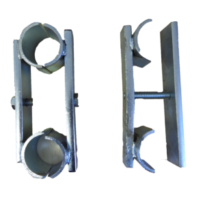 Aluminium trussing leg clamps with adjustable bolts for secure attachment in event and stage rigging setups.