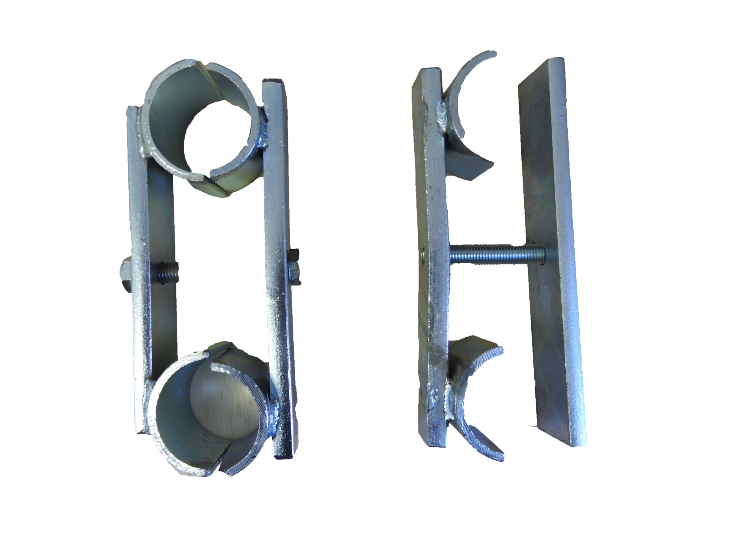 Aluminium trussing leg clamps with adjustable bolts for secure attachment in event and stage rigging setups.