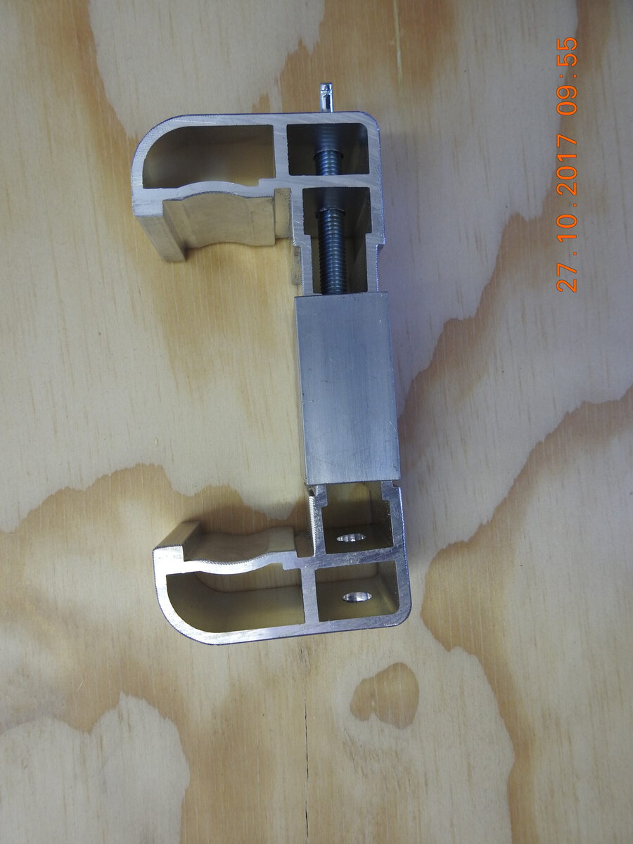 Aluminium trussing component with adjustable clamp for hand railing installation, suitable for event staging and structural support applications.