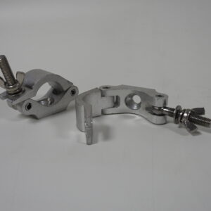 Aluminium trussing clamp with adjustable screw for secure attachment in event rigging and structural support applications.