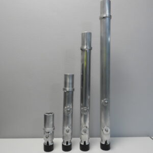 Aluminium trussing vertical support tubes of varying heights with mounting points, used for rigging and structural support in event production setups.