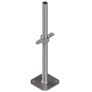 Adjustable aluminium trussing jack with threaded rod, base plate, and locking mechanism for scaffolding and event rigging applications.