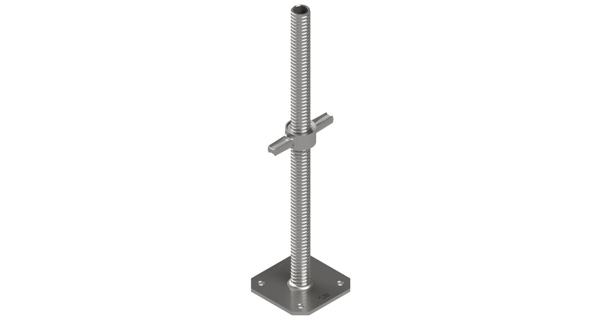 Adjustable aluminium trussing jack with threaded rod, base plate, and locking mechanism for scaffolding and event rigging applications.