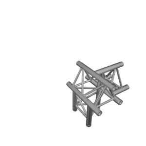 Aluminium trussing corner section with triangular configuration, designed for structural support in event staging and rigging applications.