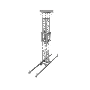 Aluminium trussing tower with modular sections, designed for event staging and structural support in professional production environments.