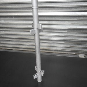 Aluminium trussing vertical support with adjustable clamp, used for event rigging and structural frameworks in professional production setups.