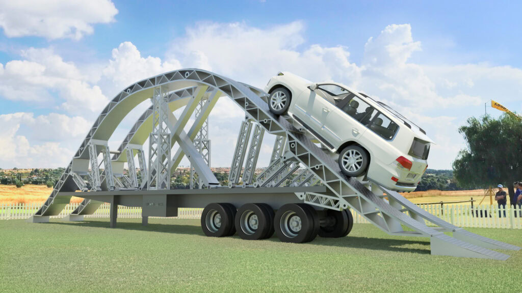 Aluminium trussing car ramp with a vehicle on top, designed for event staging and engineering applications, featuring modular lightweight construction.