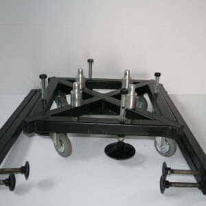 Aluminium trussing base with adjustable height supports and caster wheels, designed for secure event rigging and structural stability in professional.
