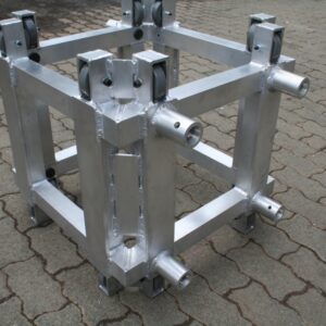 Aluminium trussing cube with multiple connection points for modular event rigging and structural support, suitable for professional stage and event se.