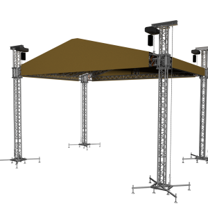 Aluminium trussing structure supporting a large beige fabric roof for event staging, featuring adjustable height legs and modular design for versatile.