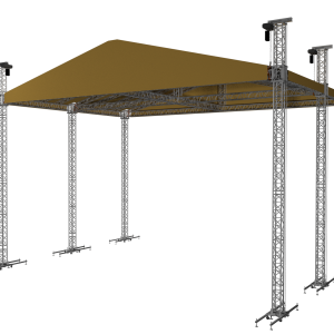 Aluminium trussing structure supporting a yellow roof canopy, designed for event staging and engineering applications, with adjustable height and load.